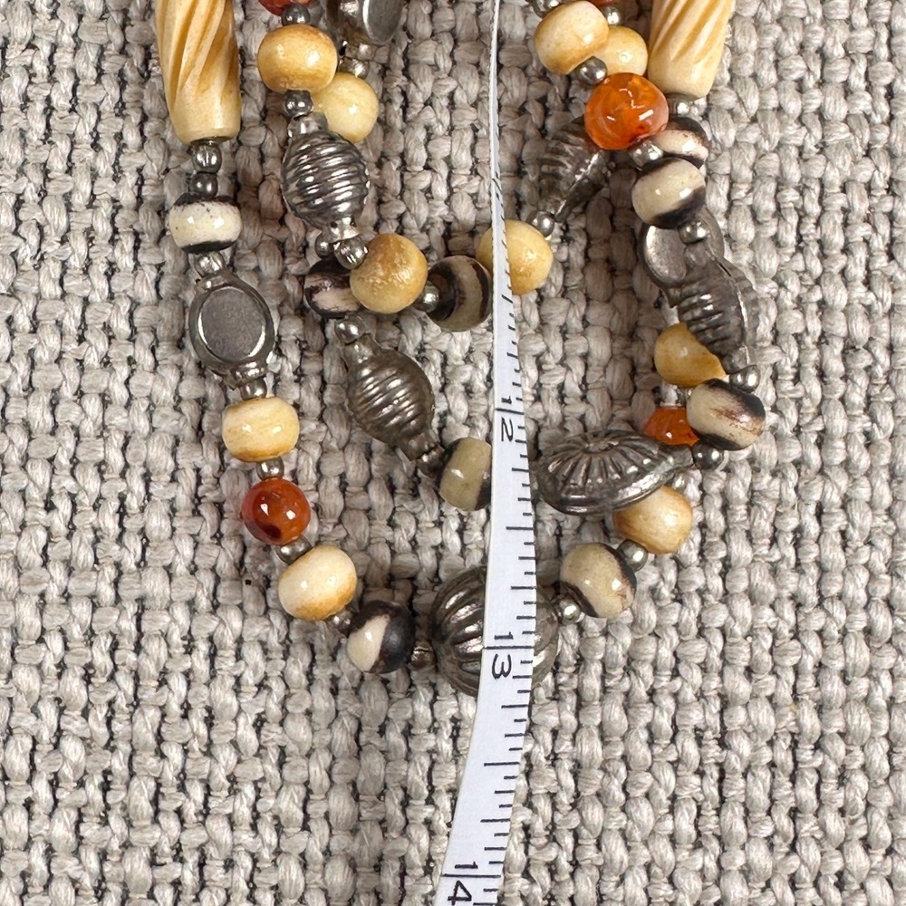 Vintage 70s Earthy Multi Strand Necklace Carnelian Agate Bone Silver Metal Beads - Picture 12 of 12